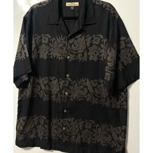 Tommy Bahama 100% Silk Button Down Short Sleeve Black Hawaiian Tropical Mens Med